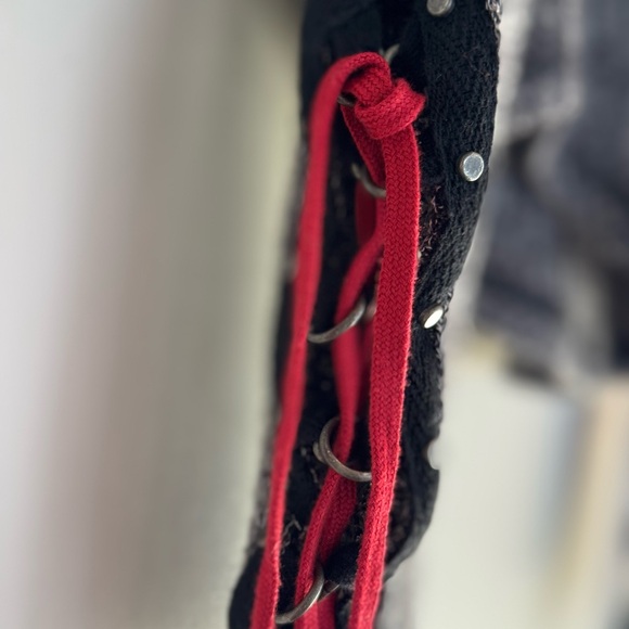 Free People Black and White Waffle Knit Sweater with Lace Up Detail Sleeves - Picture 3 of 7